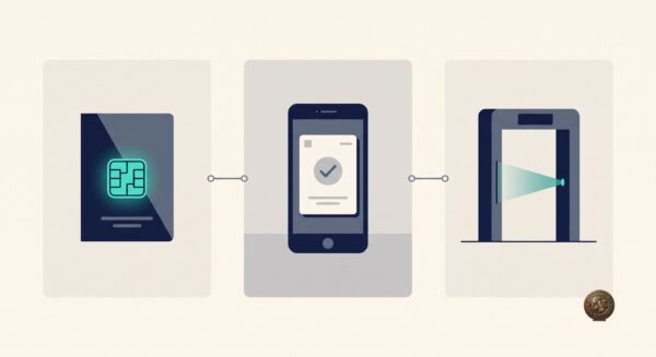 Infografika cyfrowej granicy UK — paszport, e-Visa w telefonie i bramka odprawy
