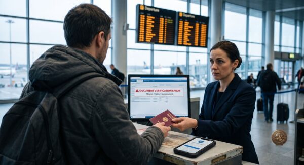 Odprawa na lotnisku i błąd weryfikacji e-Visa UK — pasażer z paszportem przy stanowisku linii lotniczej