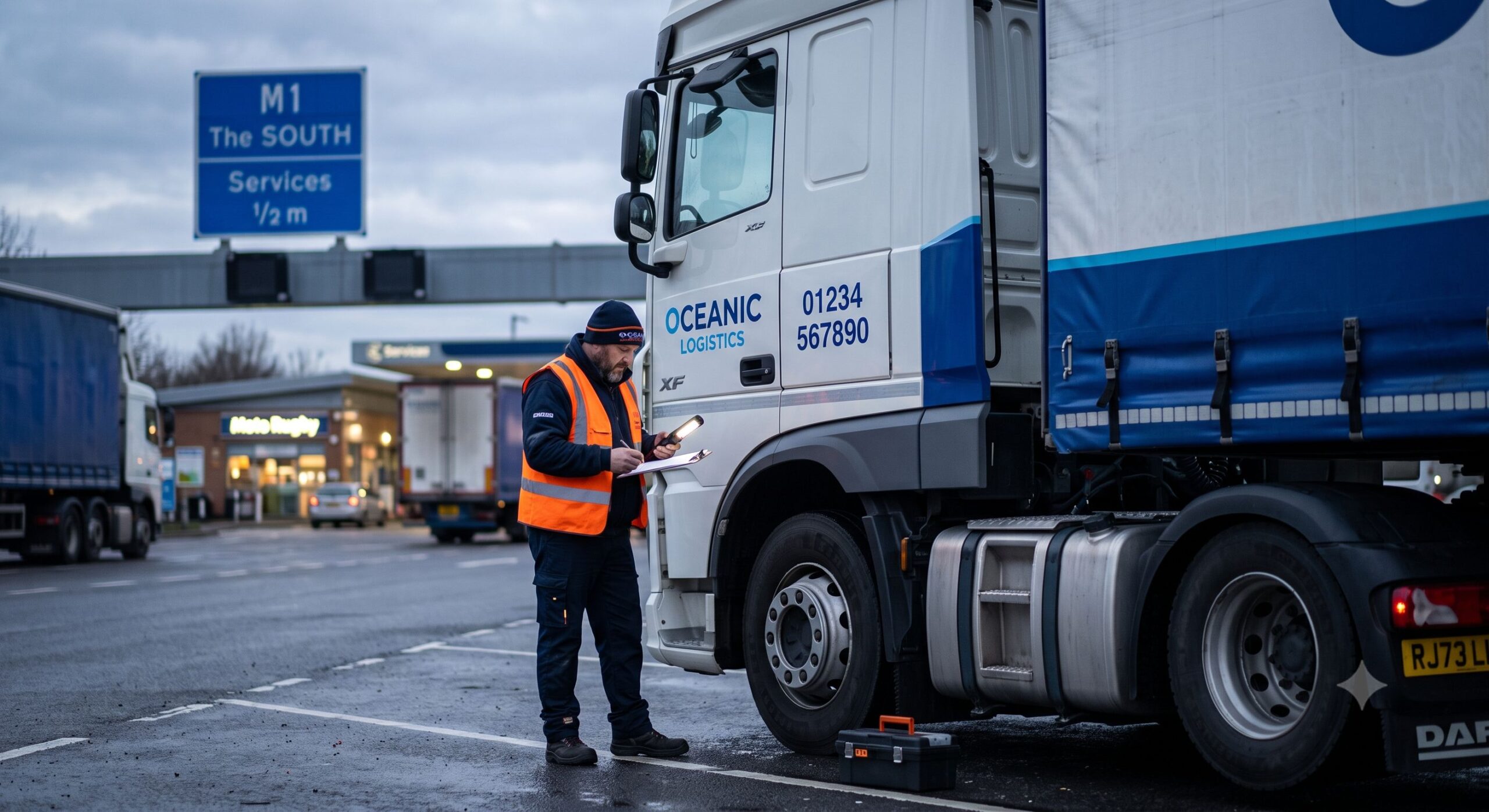 Kierowca ciężarówki sprawdzający pojazd HGV kategorii Class 1 w UK