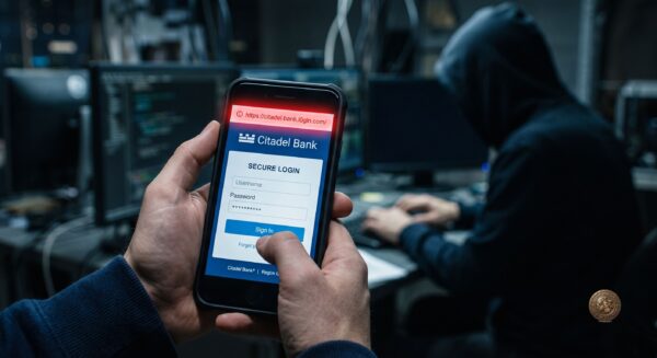 Fałszywa strona banku na telefonie — przykład phishingu i oszustwa internetowego w UK