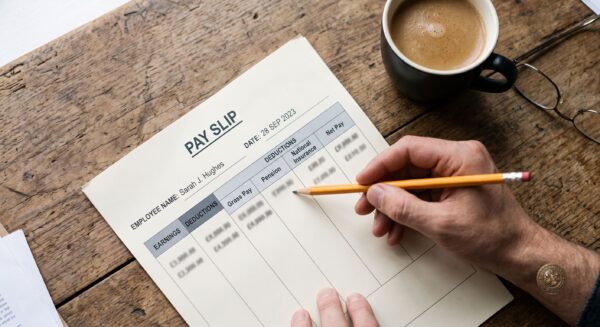 Brytyjski payslip z zaznaczoną linią emerytury — jak działa salary sacrifice UK